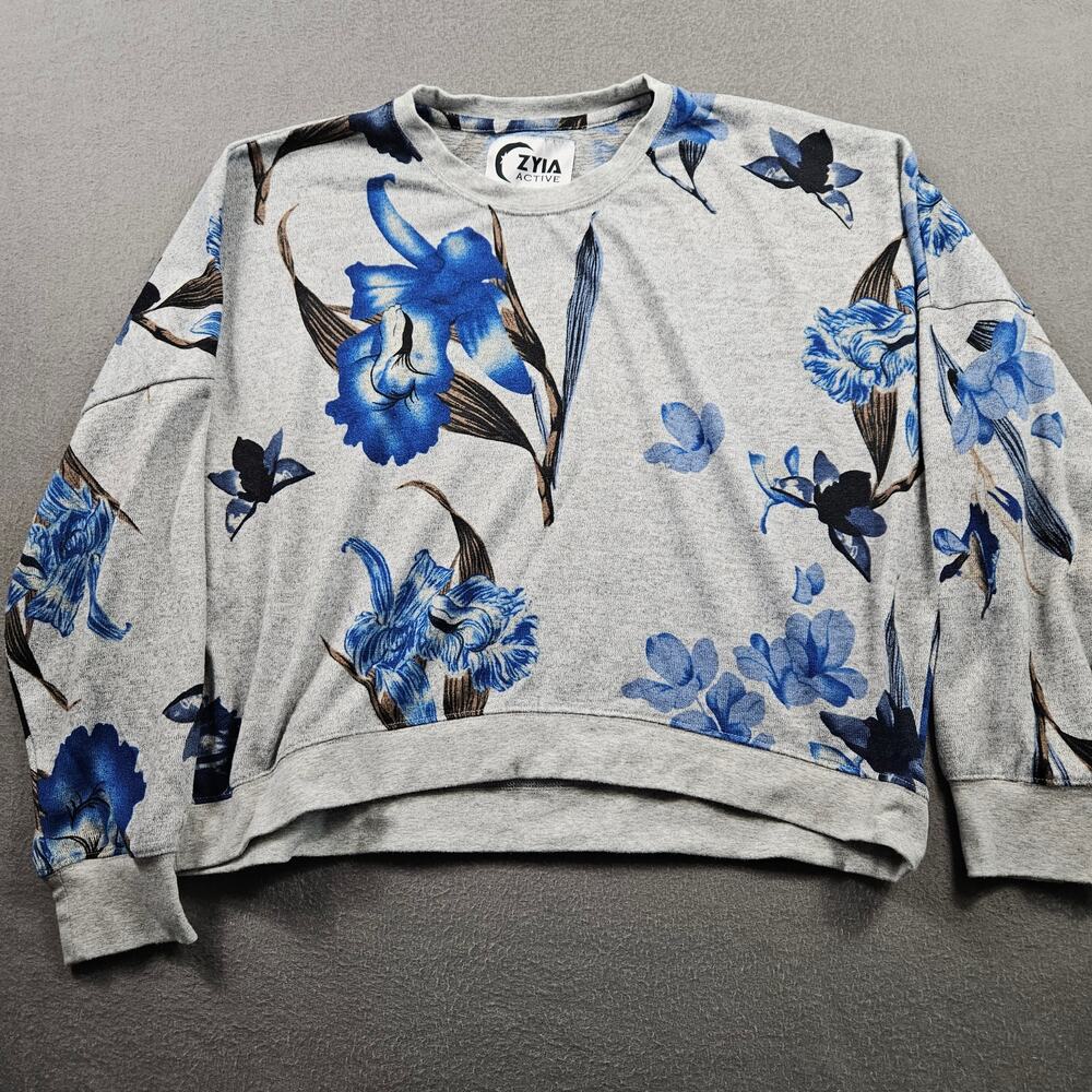 Zyia Active Shirt Floral Women's 2XL Boxy Yoga Gray Blue Long Sleeve